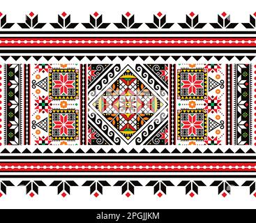 Ukrainian Easter eggs Pysanky vector seamless folk art long horizontal pattern - Hutsul traditional geometric design in red, black and white Stock Vector