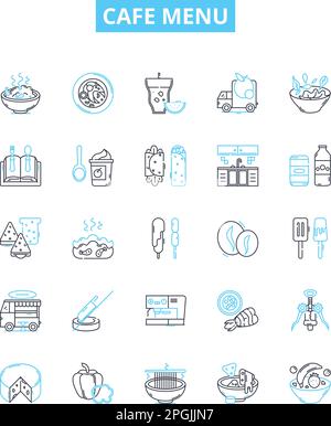 Cafe menu vector line icons set. Coffees, Desserts, Sandwiches, Drinks, Food, Salads, Sides illustration outline concept symbols and signs Stock Vector