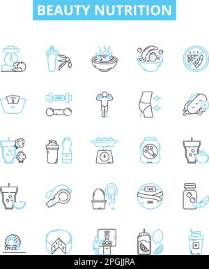 Beauty nutrition vector line icons set. Diet, Nutrition, Beauty, Health, Vitamins, Minerals, Protein illustration outline concept symbols and signs Stock Vector
