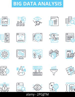 Big data analysis vector line icons set. Analytics, Mining, Storage, Patterns, Visualization, Machine-learning, Clustering illustration outline Stock Vector
