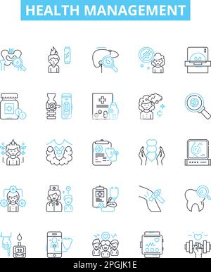 Health management vector line icons set. Wellness, Care, Prevention, Rehabilitation, Therapy, Nutrition, Exercise illustration outline concept symbols Stock Vector