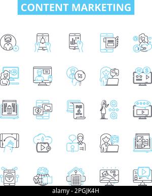 Content marketing vector line icons set. Content, Marketing, Strategy, Blogging, SEO, Social, Advertising illustration outline concept symbols and Stock Vector