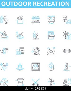 Outdoor recreation vector line icons set. Hiking, Camping, Swimming, Kayaking, Fishing, Climbing, Sailing illustration outline concept symbols and Stock Vector