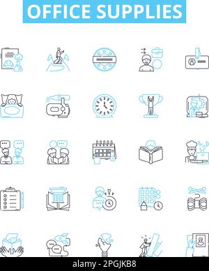 Office supplies vector line icons set. Stationery, Paper, Pencils, Pens, Envelopes, Folders, Post-it illustration outline concept symbols and signs Stock Vector