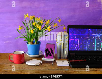 using artificial intelligence at the home office,education,business,concept with laptop computer, books and spring flowers, free copy space. Stock Photo