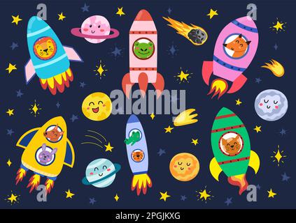 Space animals in their rockets set. Funny astronauts in spaceships Stock Vector