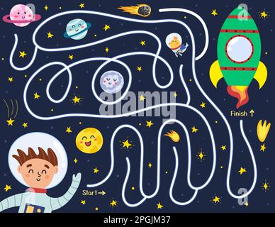 Help cute boy astronaut find a way to the rocket. Space maze puzzle for kids Stock Vector