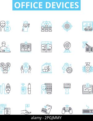 Office devices vector line icons set. Printers, Copiers, Computers, Monitors, Scanners, Faxes, Phones illustration outline concept symbols and signs Stock Vector