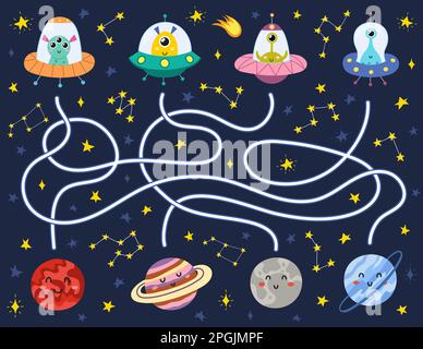 Find the correct way to the planets for each alien in the flying saucers Stock Vector