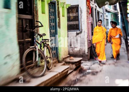 VARANASI, INDIA - OCTOBER 29, 2013: Unidentified Indian young Sadhu on the street in Varanasi. Uttar Pradesh, India Stock Photo
