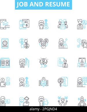 Job and resume vector line icons set. Job, Resume, Employment, Hiring, Interview, Career, Application illustration outline concept symbols and signs Stock Vector