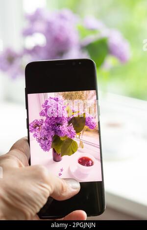 woman photographs a lilac flower arrangement on a house window on a smartphone for social networks Stock Photo