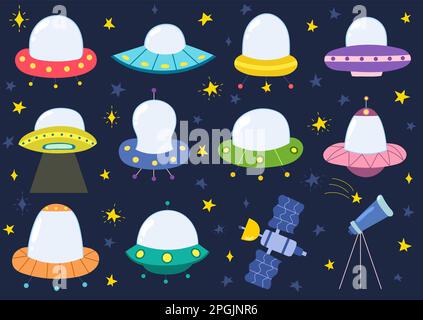 Alien spaceships collection. Ufo ships isolated elements set Stock Vector