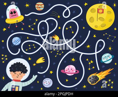 Space maze puzzle for kids. Help a cute boy astronaut find way to the Moon Stock Vector