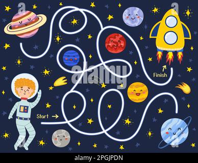 Space maze puzzle for kids. Help a cute boy astronaut find way to the rocket Stock Vector