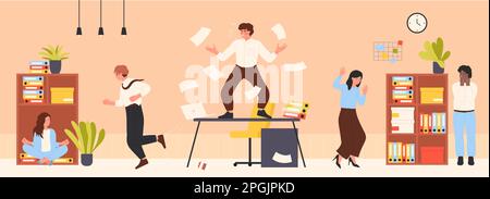 Angry boss shouting about deadline, yelling at busy employees running in panic vector illustration. Cartoon mad businessman throwing paper documents on table in office interior, characters hurry up Stock Vector