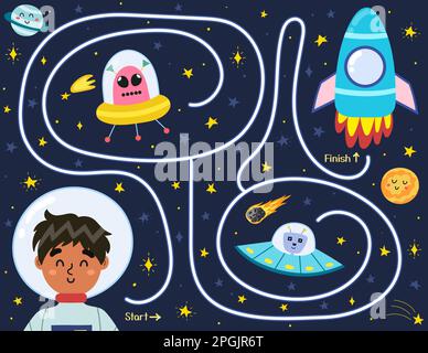 Help cute boy astronaut find a way to the rocket. Space maze puzzle for kids Stock Vector