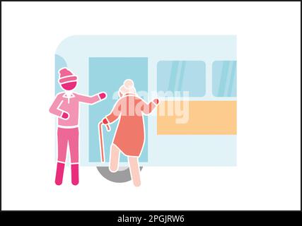 Helping elderly lady onto bus Stock Photo