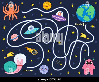 Help a cute snail astronaut find a way to the Earth. Space maze puzzle for kids Stock Vector