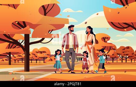 parents and little children walking together in park mother father and kids standing together big family concept Stock Vector