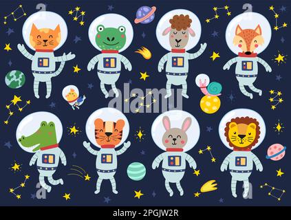Space animals collection. Cute astronauts in space suits set Stock Vector