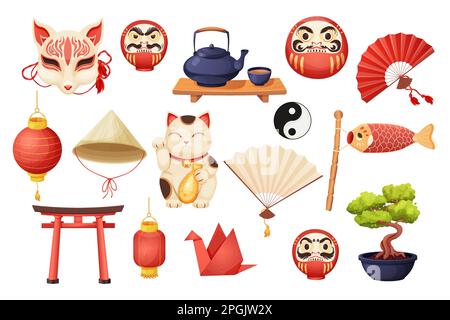 Set japanese kitsune mask, maneki neko cat, daruma doll with faces, kettle or teapot with cup on wooden table, hand fun, torii gate and conical bamboo hat in cartoon style isolated on white background. Vector illustration Stock Vector