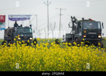 An Indian army convoy moves on the Srinagar- Ladakh highway at ...