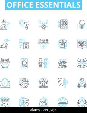 Office essentials vector line icons set. Desk, Chair, Pens, Printer, Paper, Computer, Mouse illustration outline concept symbols and signs Stock Vector