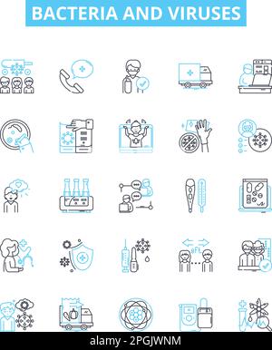 Bacteria and viruses vector line icons set. Bacteria, Viruses, Microbes, Pathogens, Antibiotic, Antimicrobial, Antiviral illustration outline concept Stock Vector