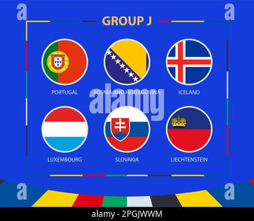 Circle flags of Group J. Participants of qualifying European football tournament 2024. Football vector background. Stock Vector