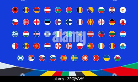 Flags of qualifying European football tournament 2024 participants are listed alphabetically. Circle icons of country. Stock Vector