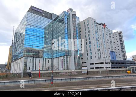 Premier Inn viewed from platform at Caerdydd Heol y Frenhines, Cardiff Queen Street, railway station, Cardiff city centre, Wales, UK Stock Photo