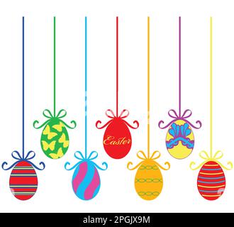 Illustration of different hanging Easter egg decorations isolated on white Stock Vector