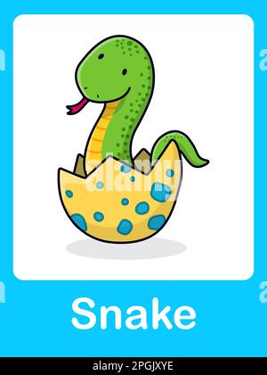 Newborn colorful snake character. Cute funny reptiles in an egg. Birthday card. Cartoon vector illustration. Stock Vector