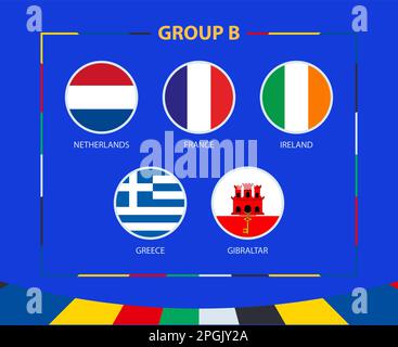 European soccer tournament qualifying draw 2020 . Group of international  teams . Football jersey with waving country flag pattern . Blue theme  background . Vector . Stock Vector