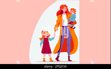 mother walking with her little daughters loving family parenthood childcare concept mothers day card template Stock Vector