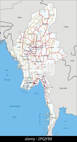 High detailed Myanmar road map with labeling. Stock Vector