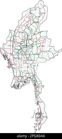 Myanmar road and highway map. Vector illustration. Stock Vector