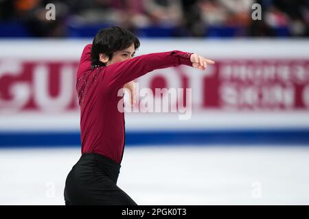 Saitama, Japan. 23rd Mar, 2023. Uno Shoma of Japan performs during the men's short program at the ISU World Figure Skating Championships at Saitama Super Arena in Saitama, Japan, March 23, 2023. Credit: Zhang Xiaoyu/Xinhua/Alamy Live News Stock Photo