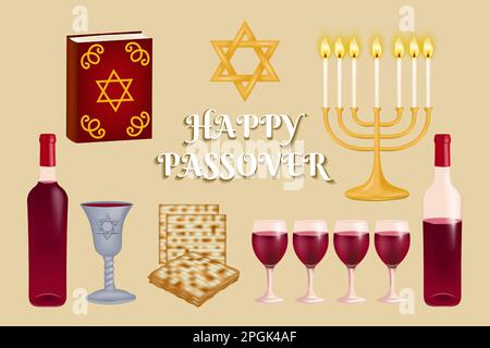 Set features a collection of Jewish symbols for the holiday of Happy Passover. Star of David, matzah, red wine, kiddush cup, haggadah, and hanukkiah m Stock Vector