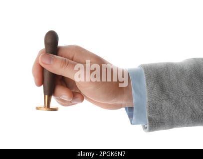 Man holding wooden stamp on white background, closeup Stock Photo