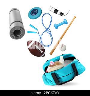 Sports bag and different gym stuff flying on white background Stock ...