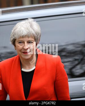 Theresa May MP leaving 10 Downing street after a reception for the England T20 cricket team, 22nd March 2023 Stock Photo