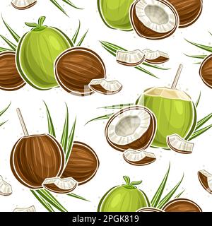Vector Coconut Seamless Pattern, repeating background with illustration of fruit still life composition with ripe coconut flesh for wrapping paper, gr Stock Vector