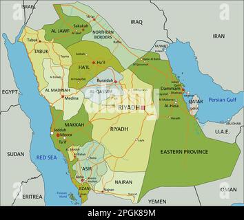 Highly detailed editable political map with separated layers. Saudi Arabia. Stock Vector