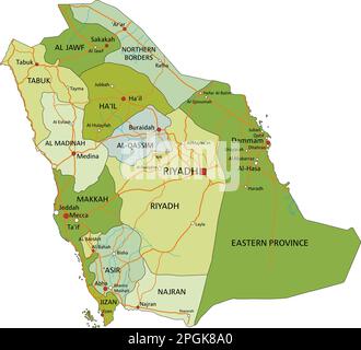 Highly detailed editable political map with separated layers. Saudi Arabia. Stock Vector