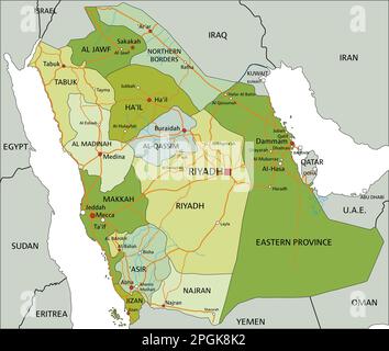 Highly detailed editable political map with separated layers. Saudi Arabia. Stock Vector