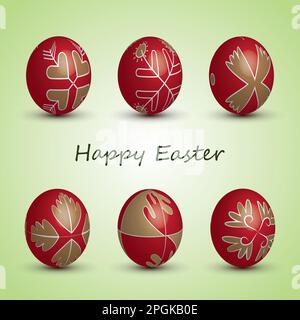 Happy Easter Card - Set of Six Red Eggs with Ornaments Stock Vector