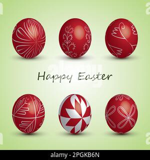 Happy Easter Card - Set of Six Red Eggs with Ornaments Stock Vector