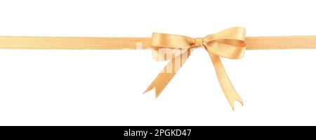 Golden satin ribbon with bow on white background, top view Stock Photo